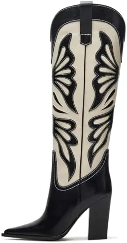 vomira black cowboy boots for women pointed toe embroidered butterfly chunky heel pull on zipper western cowgirl boots knee high boots women