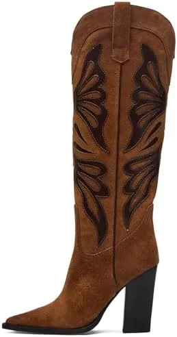 vomira brown cowboy boots for women pointed toe embroidered butterfly western boots chunky heel brown cowgirl boots fall suede knee high boots