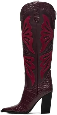 vomira red cowboy boots for women pointed toe embroidered butterfly side zipper western cowgirl boots chunky heel burgundy knee high boots