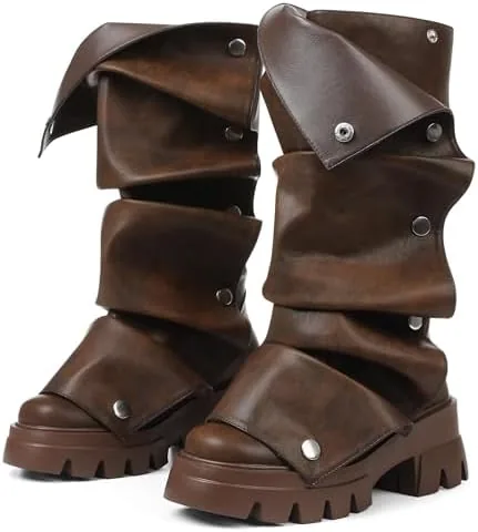 vomira slouch boots for women wide calf boots platform combat boots brown