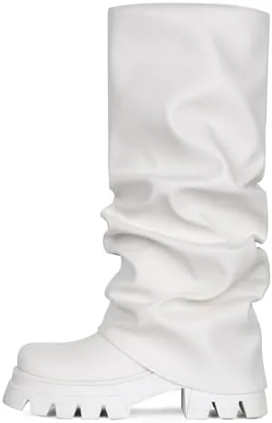 vomira slouchy boots fold over boots for women round toe stacked heel pleated pull on wide calf boots white platform boots mid calf boots slouch boots