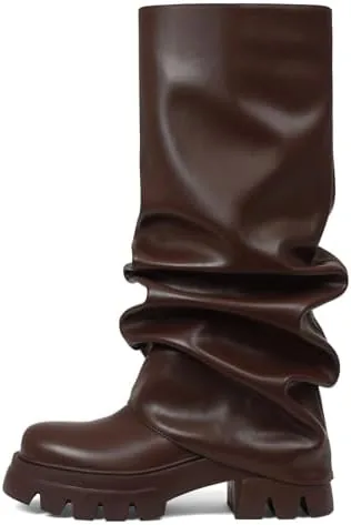 vomira slouchy boots fold over boots for women wide calf platform boots mid calf leather brown combat motorcycle boots